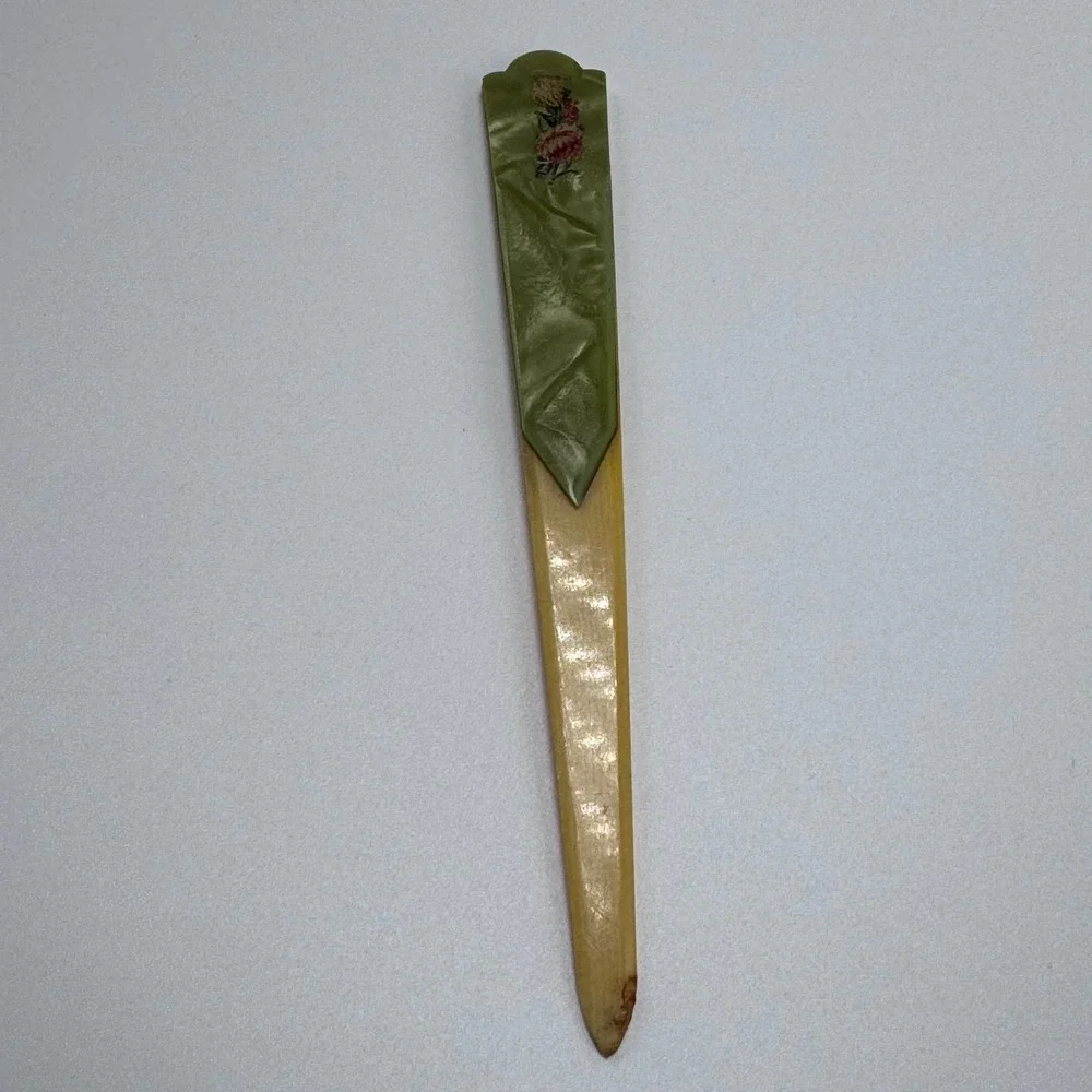 Vintage Letter Opener‎ Plastic Floral Green Yellow
